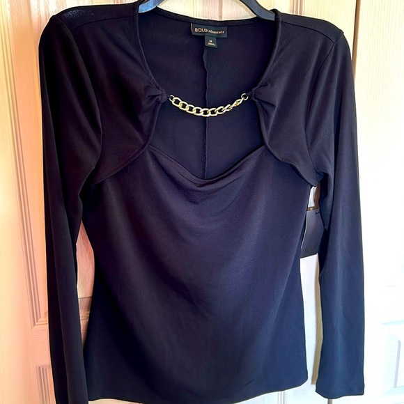 New w Tags Bold Elements Woman Dressy Top Black LS Gold Chain at the Neck Size M - Picture 1 of 5